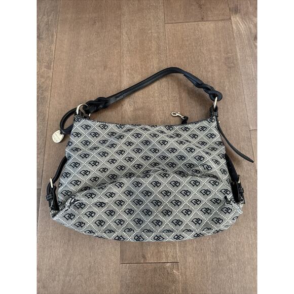 Dooney & Bourke Black Leather Gray Monogram Jacquard Should Bag Handbag - Picture 2 of 7